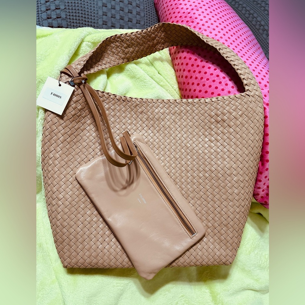 Woven Shoulder Tote with Removable Pouch - Tan